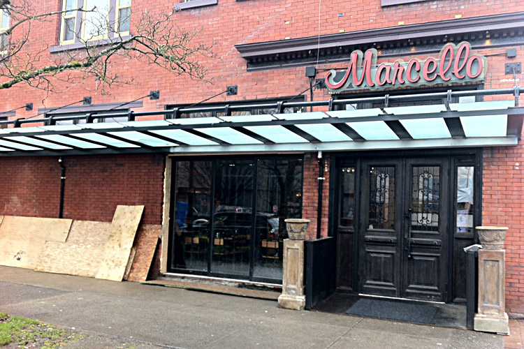 Marcello Pizzeria & Ristorante Renovation Patio Cover Glass Installed and Antique Door Hung by Paramount Projects General Contractors of Vancouver